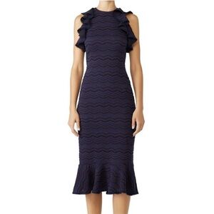 Slate & Willow Lined Midnight Blue Ruffle Sheath Midi Dress Romance Date Night